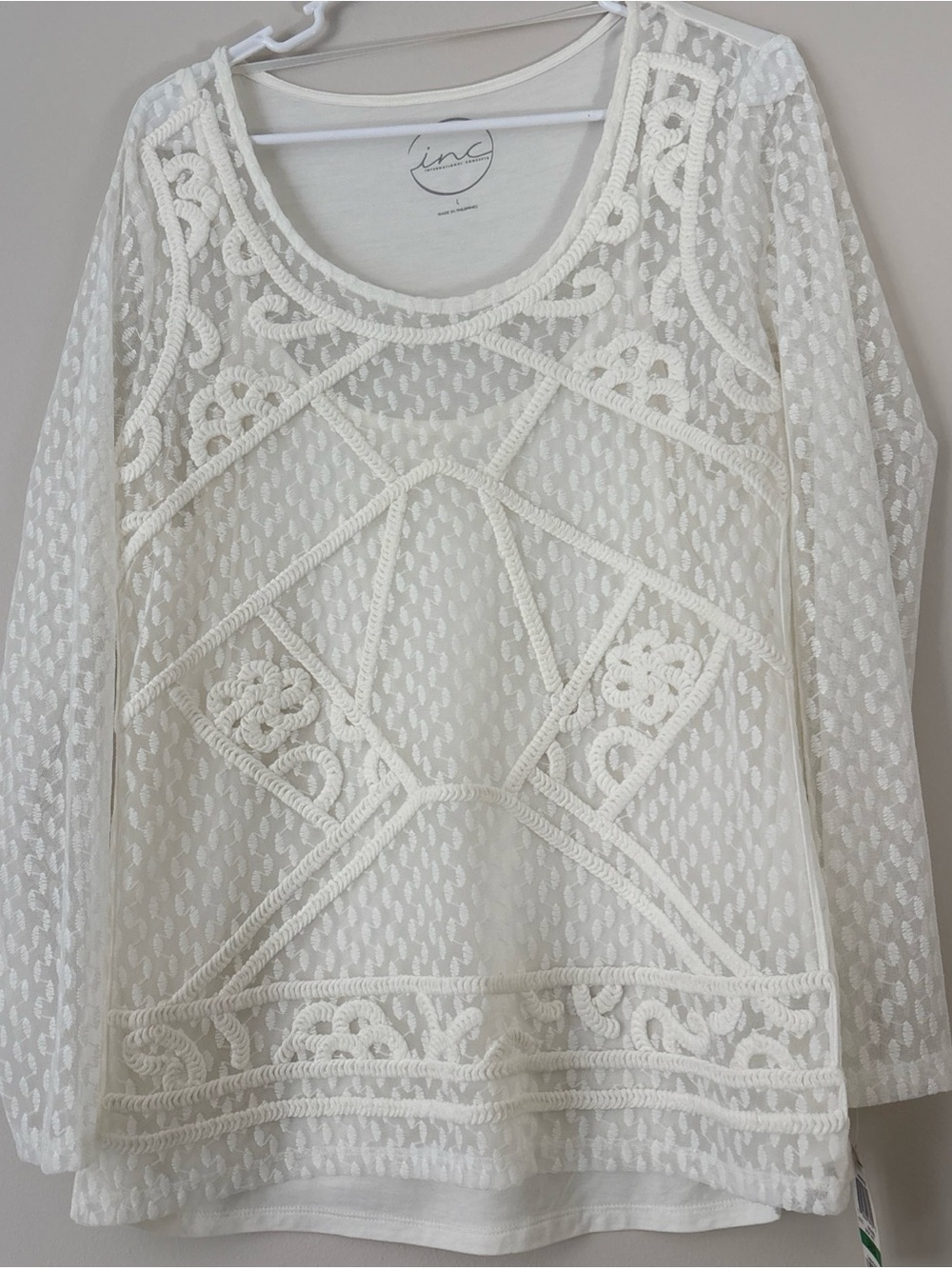 INC International Concepts Ivory Lace-Overlay Long Sleeve Top